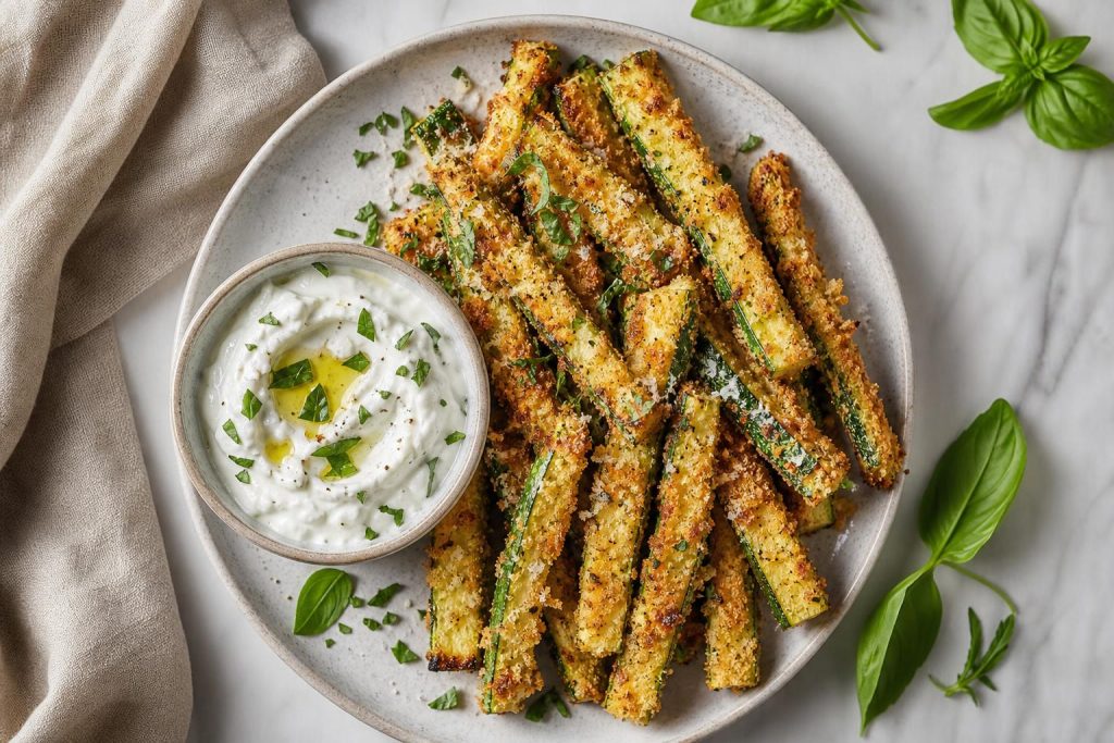 Crispy Parmesan Zucchini Fries with Protein Greek Yogurt Dip: 28g Protein Per Serving