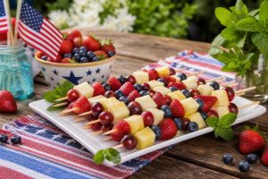Patriotic Fruit Skewers with Honey Yogurt Dip