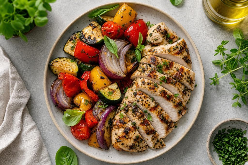 Grilled Italian Herb Chicken Breast with Roasted Vegetables: 48g Protein Per Serving