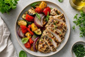 Grilled Italian Herb Chicken Breast with Roasted Vegetables: 48g Protein Per Serving
