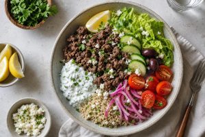 High Protein Greek Beef Bowl: 42g Protein Per Serving