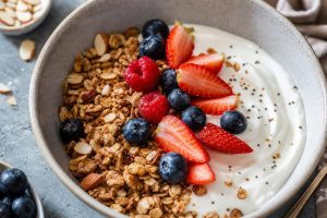 High-Protein Greek Yogurt Bowls with Granola and Berries: 38g Protein Per Serving