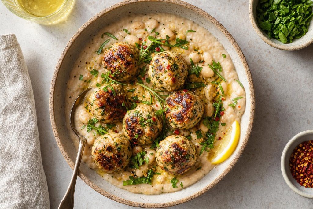 High-Protein Herb Chicken Meatballs with Creamy White Bean Sauce: 38g Protein Per Serving