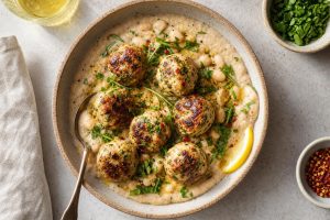 High-Protein Herb Chicken Meatballs with Creamy White Bean Sauce: 38g Protein Per Serving