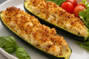 Crispy Parmesan Chicken Zucchini Boats: 38g Protein Per Serving