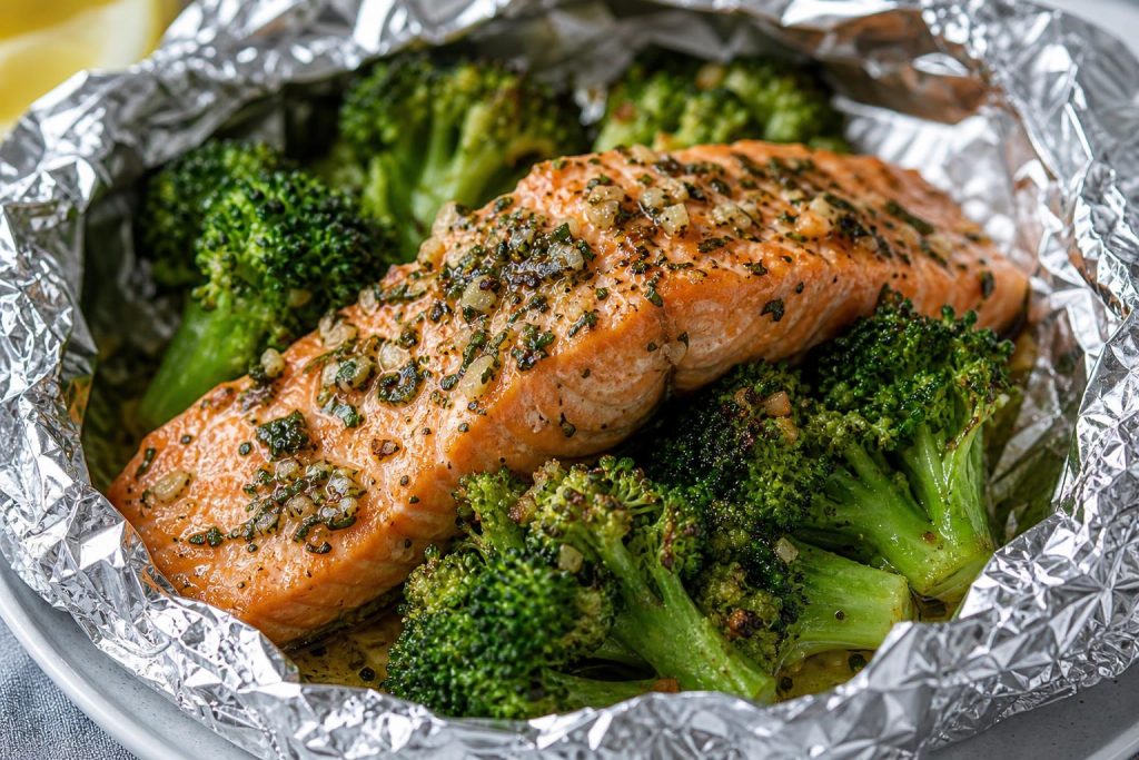 High-Protein Garlic Herb Salmon & Broccoli Foil Packets: 42g Protein Per Serving