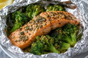 High-Protein Garlic Herb Salmon & Broccoli Foil Packets: 42g Protein Per Serving