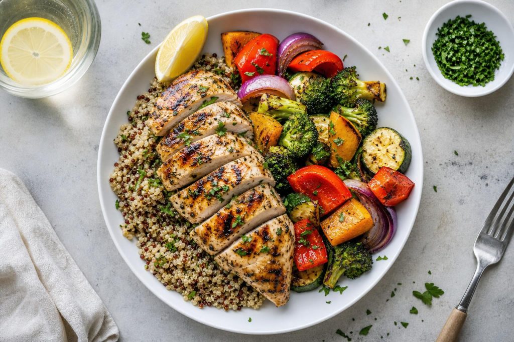 High-Protein Grilled Lemon Herb Chicken with Quinoa & Roasted Vegetables: 42g Protein Per Serving