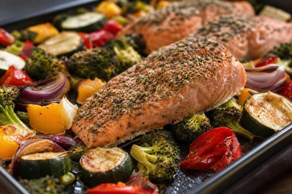Sheet Pan Herb-Crusted Salmon With Roasted Vegetables: 42g Protein Per Serving