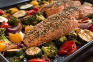 Sheet Pan Herb-Crusted Salmon With Roasted Vegetables: 42g Protein Per Serving