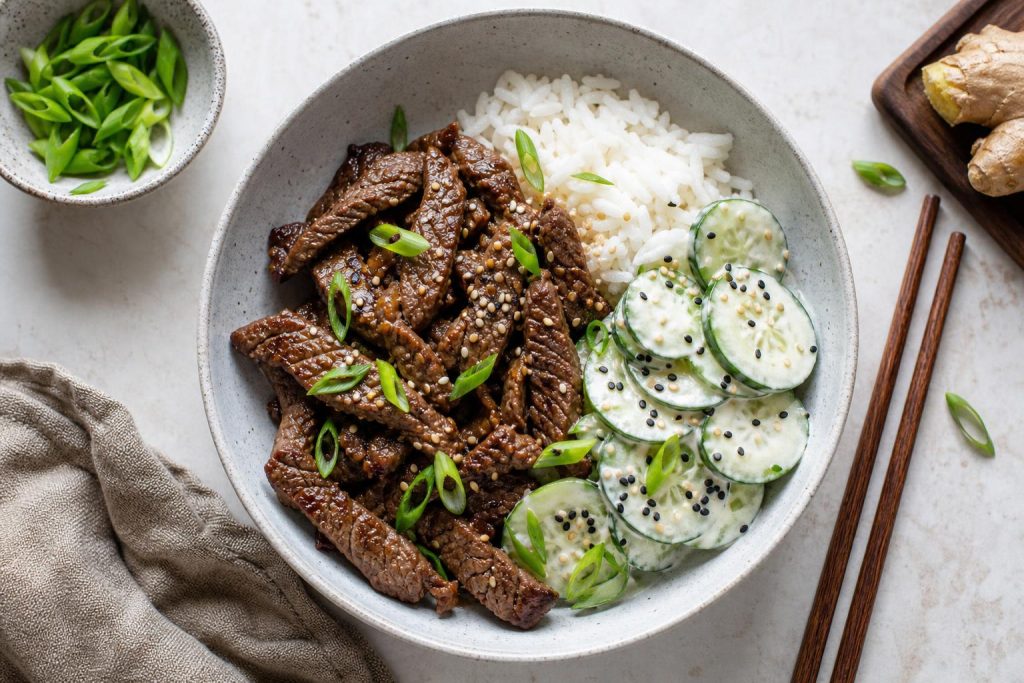 Beef & Ginger Bowl with Creamy Sesame Cucumber: 38g Protein Per Serving