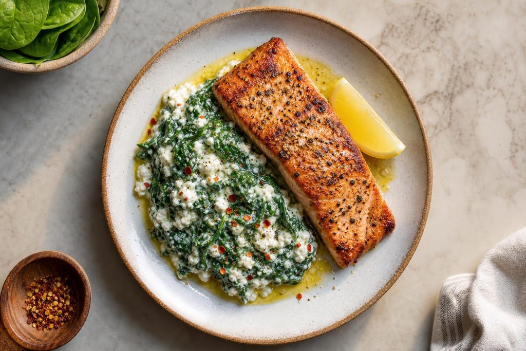 Pan-Seared Salmon with Creamy Spinach Cottage Cheese Dip: 42g Protein Per Serving